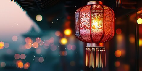 Square Red-Gold Hollowed Chinese Lantern with Chinese Architecture Empty Space, Promotional Material, Chinese-chic Exquisite Ambiance, Suitable for High-end Chinese Restaurant Promotion