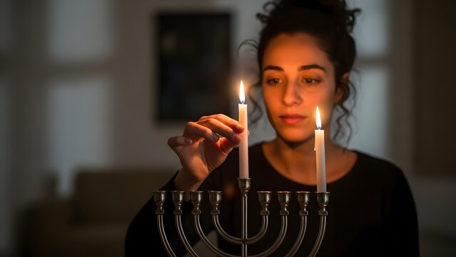 Lighting menorah candles during Hanukkah at home with the shamash