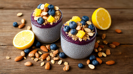 Chia pudding with blueberry puree, granola, mango, almonds and peanuts served in glasses on wooden background with fresh lemon