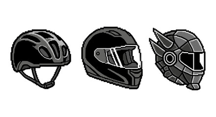 Pixel art collection of bicycle, motorcycle, and futuristic helmets