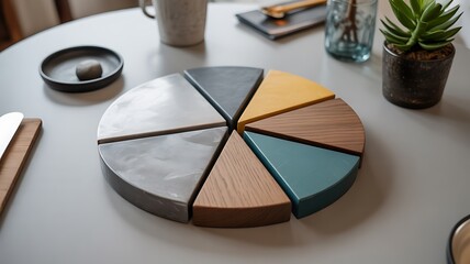A modern, minimalist circular serving platter with multi-colored segments on a gray table