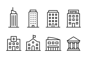Fototapeta premium Urban building icons set: hotel, school, hospital, government, and more