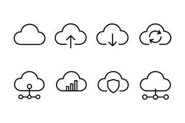 Obraz premium Minimalist cloud computing icons: data, security, and networking symbols