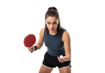 Focused female athlete ready to serve a ping pong ball with paddle in hand isolated on transparent background