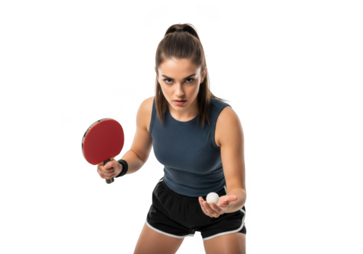 Focused female athlete ready to serve a ping pong ball with paddle in hand isolated on transparent background - Powered by Adobe
