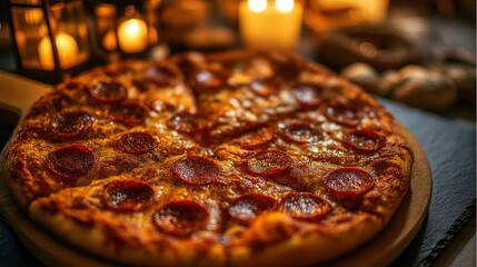 Hot and cheesy pepperoni pizza with a crispy crust, served on a wooden board with a blurred background of candles.