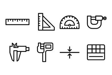 Metric tools icons: ruler, caliper, micrometer, protractor in linear style