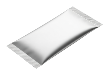 Packaging process of silver foil pouch modern factory product isolated on transparent background