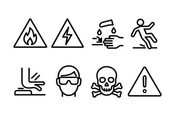 Set of safety warning icons with hazard symbols in linear style