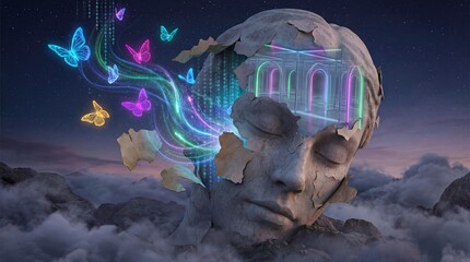 A giant woman face with closed eyes, its skin peeling away to reveal a swirling void of floating data streams, binary code, and neon butterflies escaping into the sky. The person is dreaming...