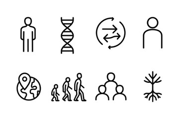 Linear icons representing humanity, genetics, evolution, and connectivity concepts