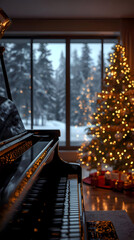 Grand piano and glowing Christmas tree create warm, festive scene overlooking serene winter wonderland. cozy ambiance invites joyous celebration and peaceful reflection during holiday season
