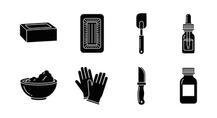 Silhouette icons of soap, kitchen tools, and skincare products for home and beauty