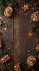 Wonderful Christmas holiday cookie arrangement creates festive winter decoration. Pine branch and warm wood surface enhance cozy ambiance, beautifully illuminated by sparkling light, evoking sense