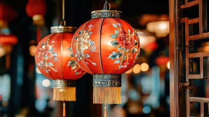 Double Peony Pattern Red-Gold Chinese Lanterns with Chinese Lattice Empty Space, Catering Promotion Material, Chinese-chic Festival Ambiance, Suitable for Chinese Restaurant Spring Festival Promotion