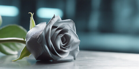 Single grey rose placed on a smooth surface with soft artistic lighting, symbolizing elegance, contrast, minimalism and emotional depth in floral still life.
