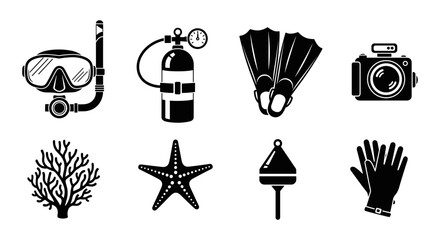 Fototapeta premium Diving equipment and marine elements icon set in black silhouette style