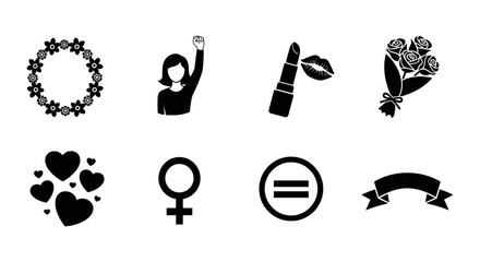 Feminine symbols collection: empowerment, beauty, and love icons in silhouette style