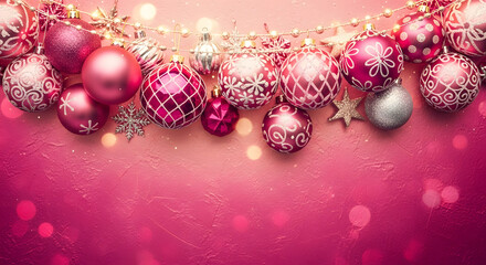 Pink and silver Christmas ornaments with fairy lights and bokeh on a festive background.