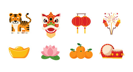 Fototapeta premium Colorful icons celebrating lunar new year with traditional symbols and decorations