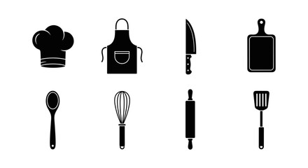 Silhouette icons of essential kitchen tools and utensils for culinary enthusiasts