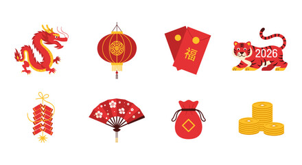 Traditional lunar new year symbols with dragon, lantern, red envelopes, and tiger
