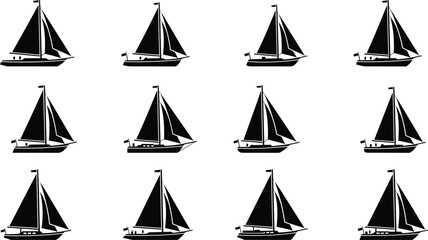Sailboat silhouette flat vector illustration set, various sailing boat icons collection, nautical maritime vessel symbol, transport yacht monochrome graphic design element, isolated