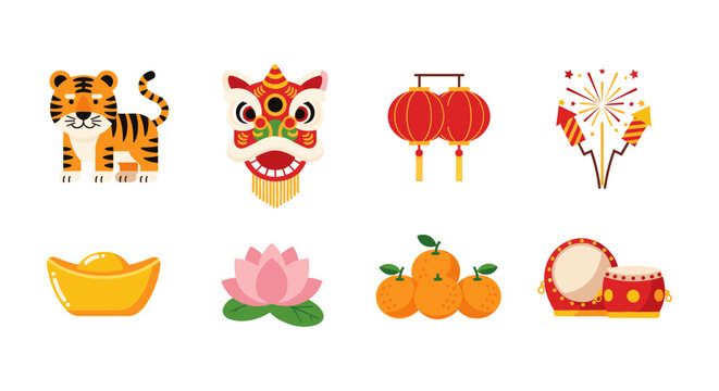 Colorful icons celebrating lunar new year with traditional symbols and decorations - Powered by Adobe