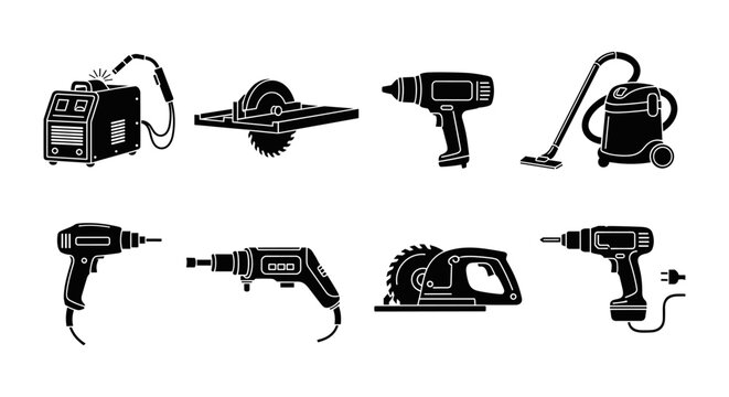Silhouette icons of power tools for construction and home use - Powered by Adobe