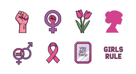 Empowering feminism icons set featuring gender symbols and motivational messages