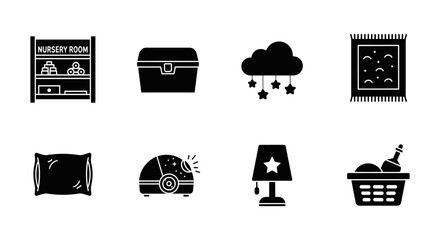 Nursery room icons: essential baby items in black silhouette style