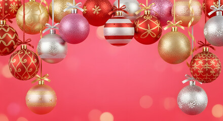 Vibrant assortment of festive Christmas baubles and ornaments hanging against a soft pink background with bokeh lights, creating a cheerful holiday atmosphere.