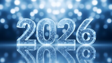 Ice crystal rendering of the year 2026 with a blurred blue bokeh background