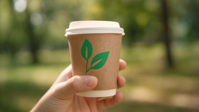 Hand holding an eco-friendly disposable coffee cup with a green leaf logo in a natural outdoor setting.