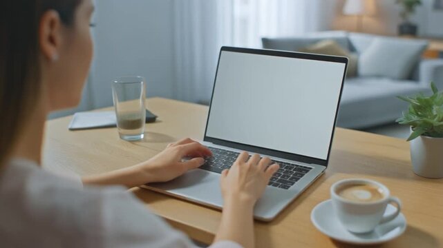 Woman working from home on a laptop, typing at a wooden desk with coffee and water in a cozy living room.
