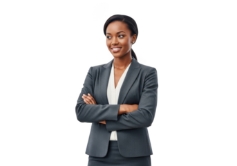 Confident professional woman in business attire with arms crossed smiling looking away isolated on transparent background