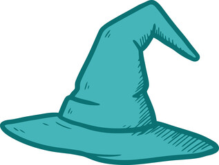 Fototapeta premium Hand-drawn style illustration of a teal pointed witch hat with a wide brim, often associated with magic and fantasy.