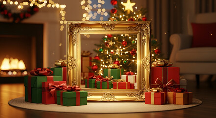 A festive Christmas scene with a large golden frame surrounded by wrapped gifts and a decorated Christmas tree in the background.