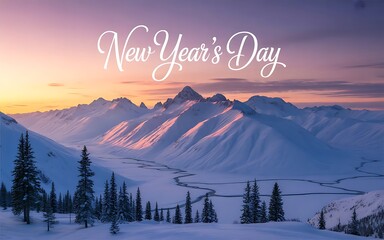 Snowy Mountain Landscape with New Years Day Text at Sunset