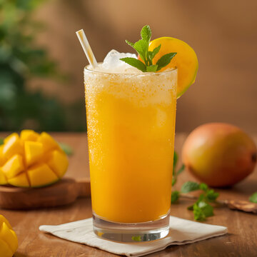 A refreshing mango drink in a highball glass garnished with mint and a mango slice