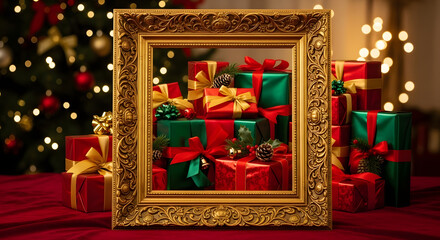 A golden ornate frame showcasing a large pile of red and green Christmas gifts, surrounded by more presents and festive lights.