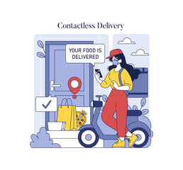 Contactless Food Delivery Vector Illustration with App Notification
