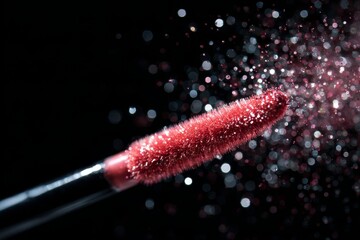 Artistic close-up of red lip gloss applicator with sparkling particles in dark background