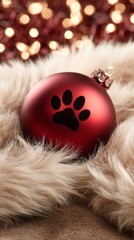 Festive atmosphere featuring red ornament with paw print resting on cozy fur background
