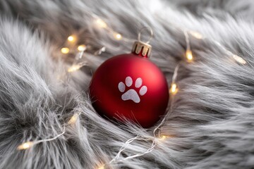 Festive atmosphere featuring red ornament with paw print resting on cozy fur background