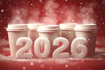 Festive winter scene featuring steaming coffee cups with snowy 2026 decoration in cozy atmosphere