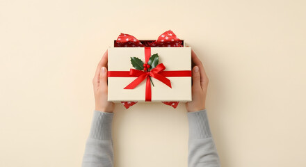 Overhead view of hands holding a golden Christmas gift box with a red bow, surrounded by festive holiday decorations on a wooden table.