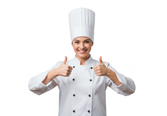 A smiling female chef in a traditional white uniform and tall toque hat gives two thumbs up isolated on transparent background