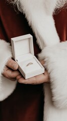 Festive moment featuring Santa Claus holding sparkling ring in elegant box with holiday ambiance