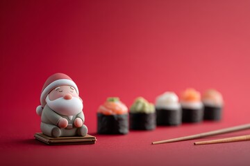 Whimsical scene featuring playful Santa figurine surrounded by colorful sushi on vibrant red background